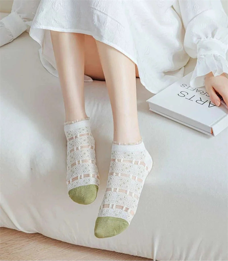 Transparente Socken Set – Vintage Floral Baumwolle – Niedriges Rohr