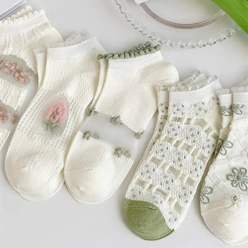 Transparente Socken Set – Vintage Floral Baumwolle – Niedriges Rohr
