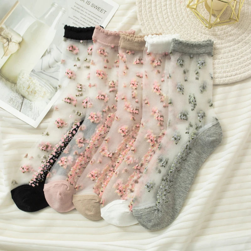 Transparente Socken Set – Vintage Floral Baumwolle – Niedriges Rohr