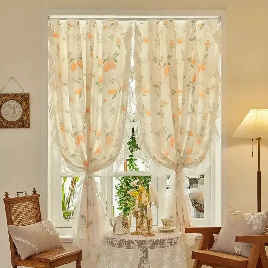 Transparente Spitzengardine aus Polyester mit Blumenmuster, Grösse: 1St-W100xH180cm im französischen Stil