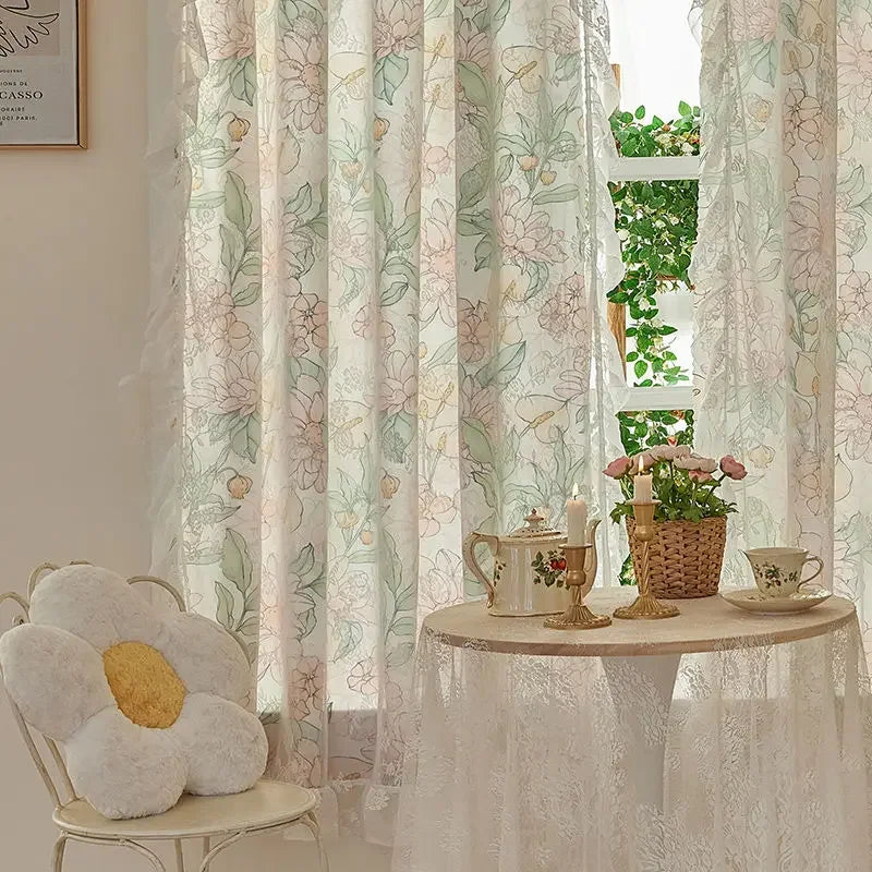 Transparente Spitzengardine mit floralem Muster aus Polyester, Farbe: Blumen 1, Grösse: 1St-W100xH180cm, im Vintage-Stil