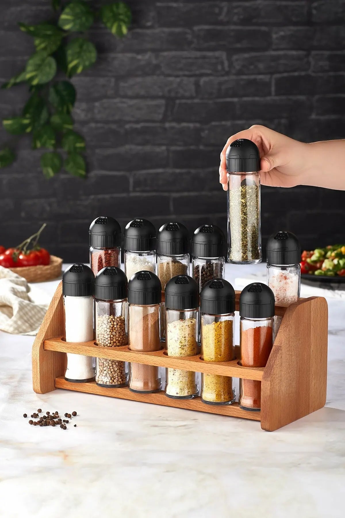 Gewürzregal Set – Modern Glas mit Holzständer – 8-12 Teile Küchenorganisator