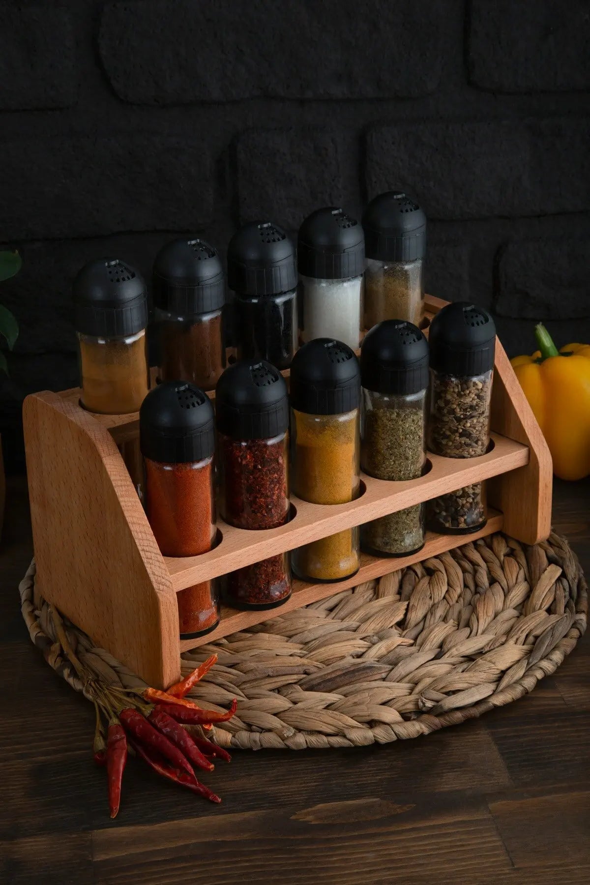 Gewürzregal Set – Modern Glas mit Holzständer – 8-12 Teile Küchenorganisator