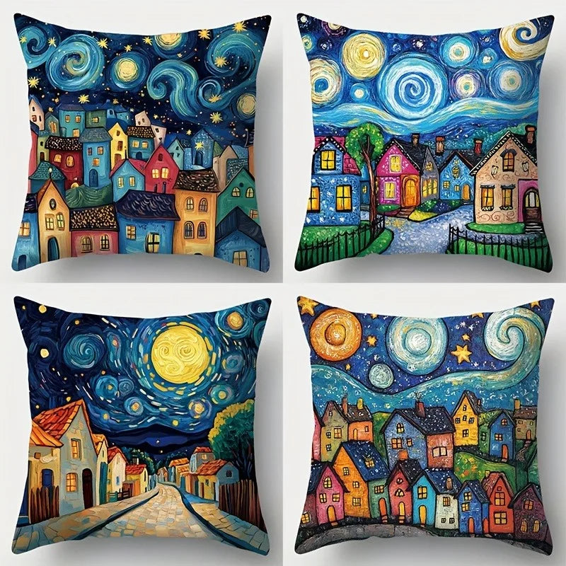 Blaues Kissen mit Van Gogh Sternennacht Design aus Polyester 60x60 cm