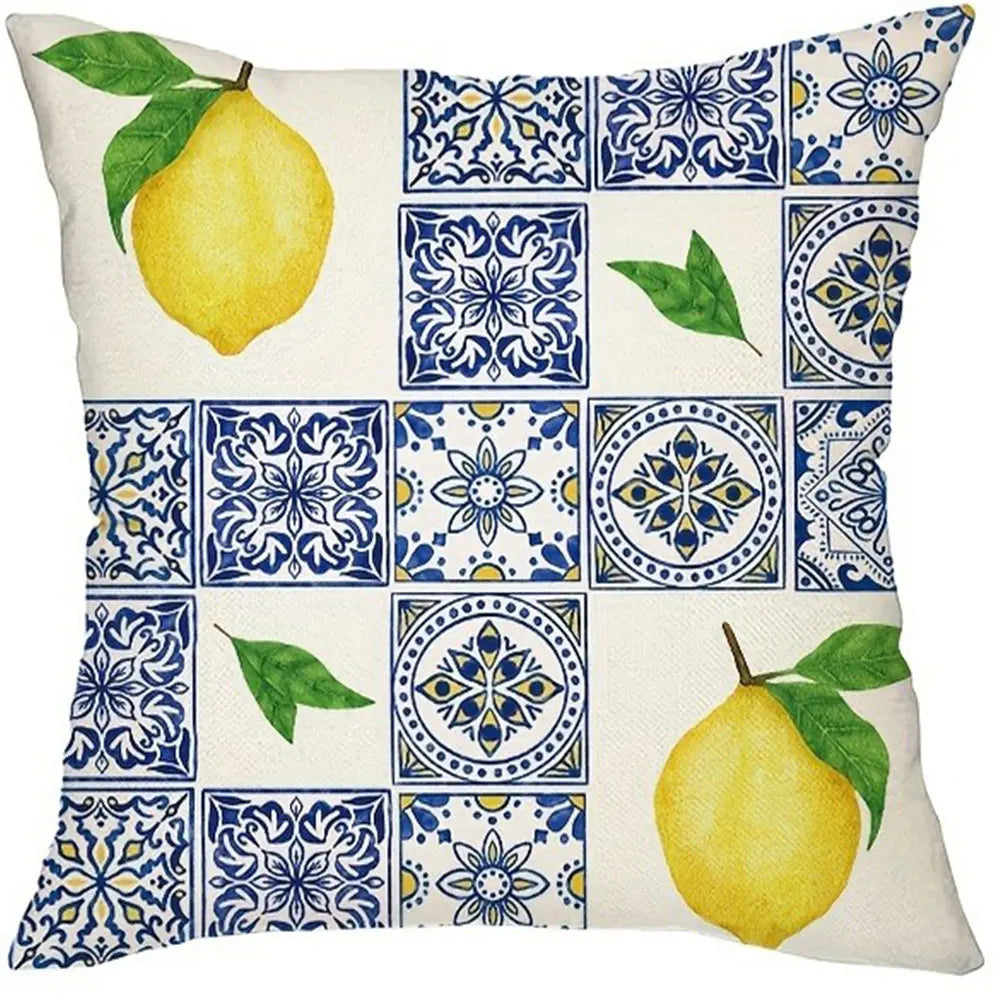 Vintage Kissenbezug aus Polyester mit Zitronen-Print in mehrfarbig, Grösse 50x50cm