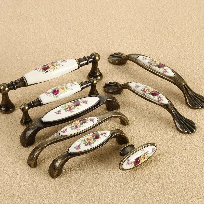 Vintage Möbelgriffe - Keramik & Zinklegierung - Antik Bronze