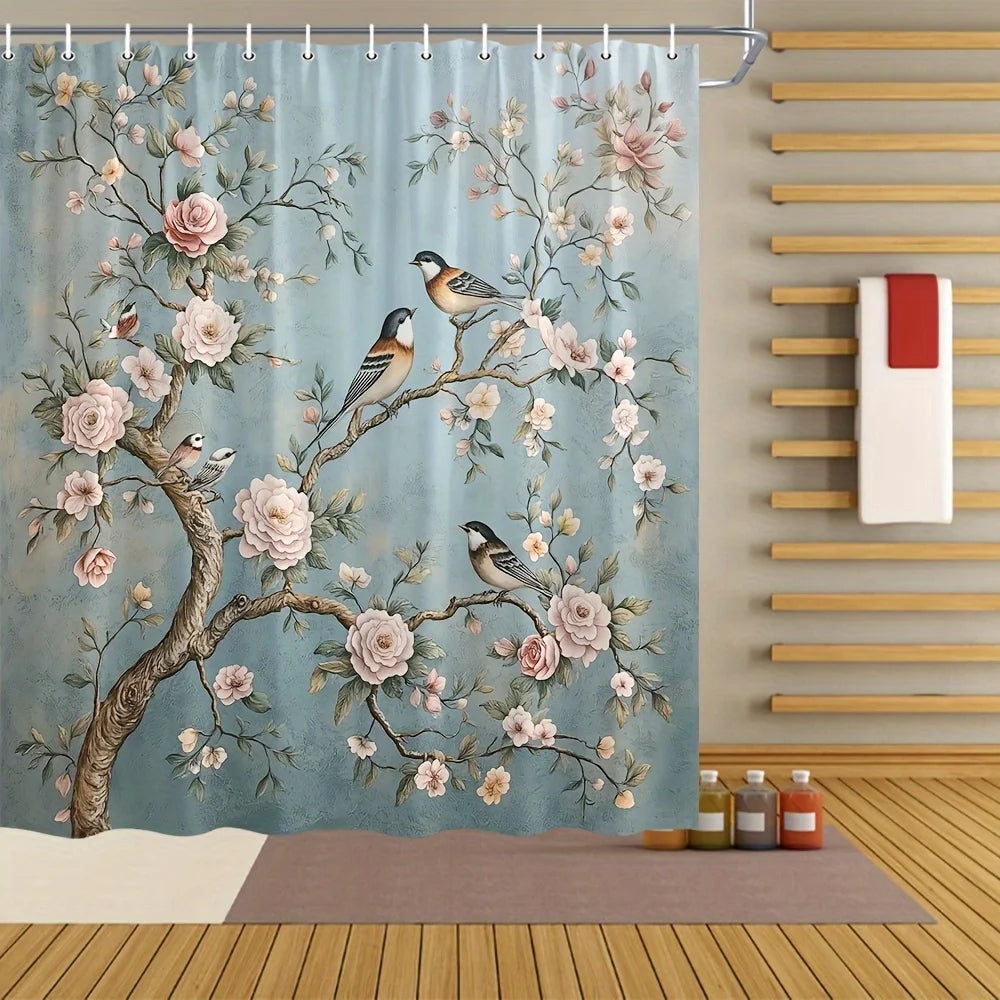 Vögel & Blumen Duschvorhang aus Polyester, pastoral in verschiedenen Grössen verfügbar, wasserresistent