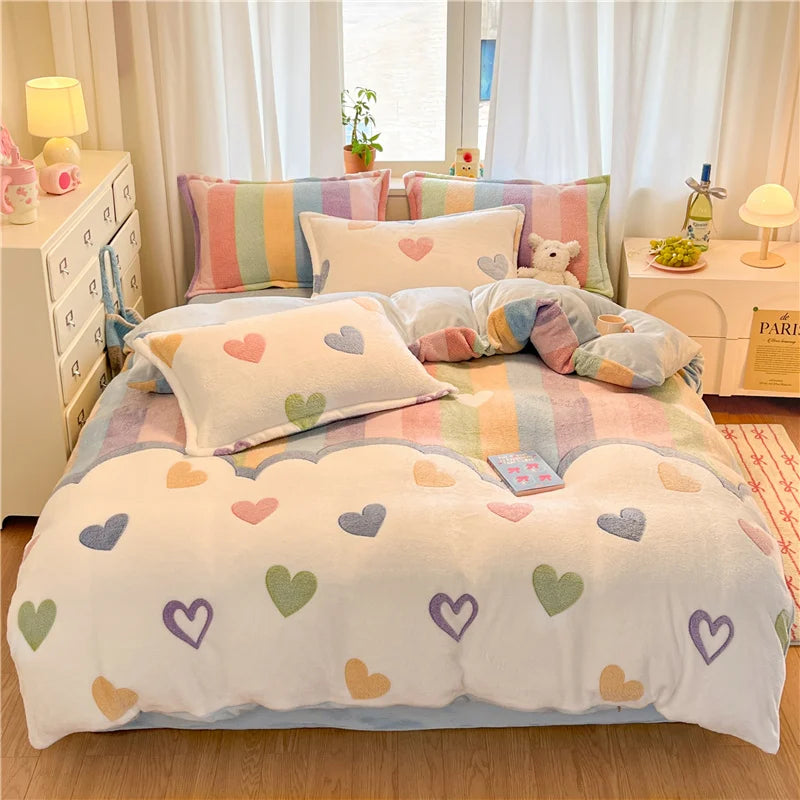 Hautfreundlicher Flanell-Bettbezug mit mehrfarbigem Cartoon-Druck, Grösse: König 200x230cm