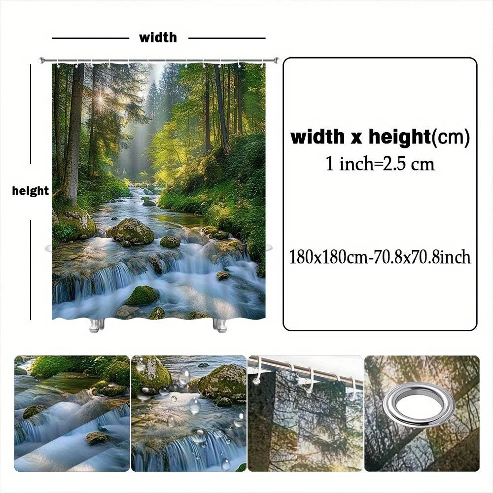 grüner Wasserfall-Duschvorhang aus Polyester im Boho-Stil, Grösse W120xH180 cm