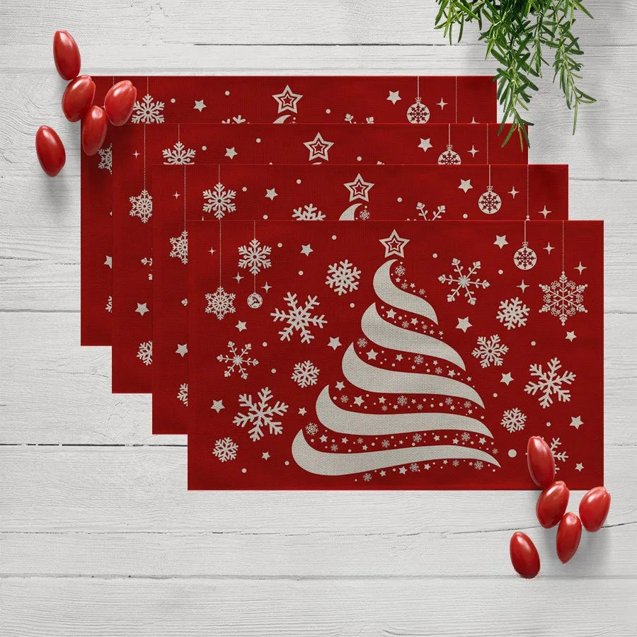 Modernes rechteckiges Tischset aus Leinen mit Weihnachtsbaum-Druck, rot, 40x30 cm