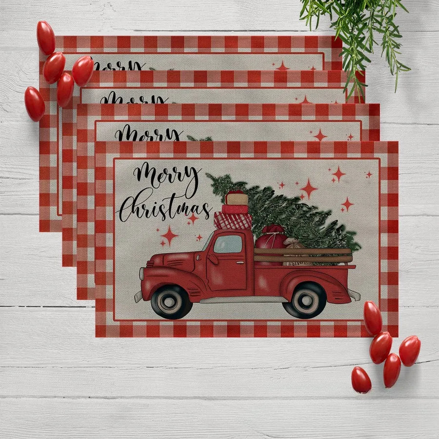 rechteckiges Weihnachts-Tischset aus rotem Leinen mit Weihnachtsbaumdruck, 32x42 cm