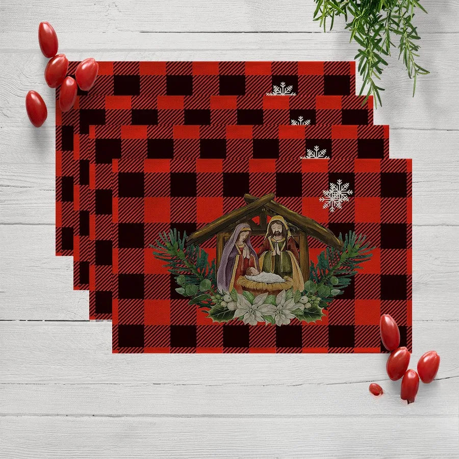Modernes rotes Tischset aus Leinen, Grösse: 40x30 cm, Weihnachtsbaumdruck, rechteckig