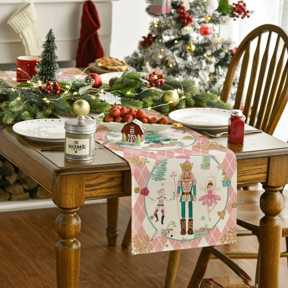 Rosa Leinen Tischläufer im festlichen Stil mit Diamantmuster, Grösse 150x33 cm