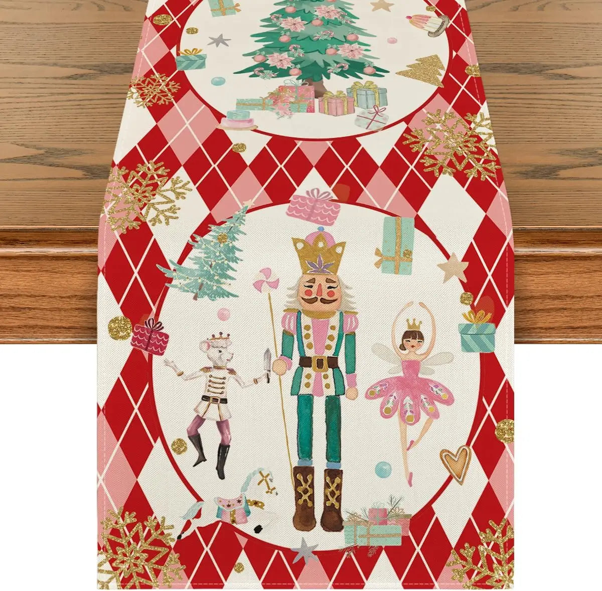 Weihnachtstischläufer aus rosa Karomuster-Leinen, Grösse: 150x33cm