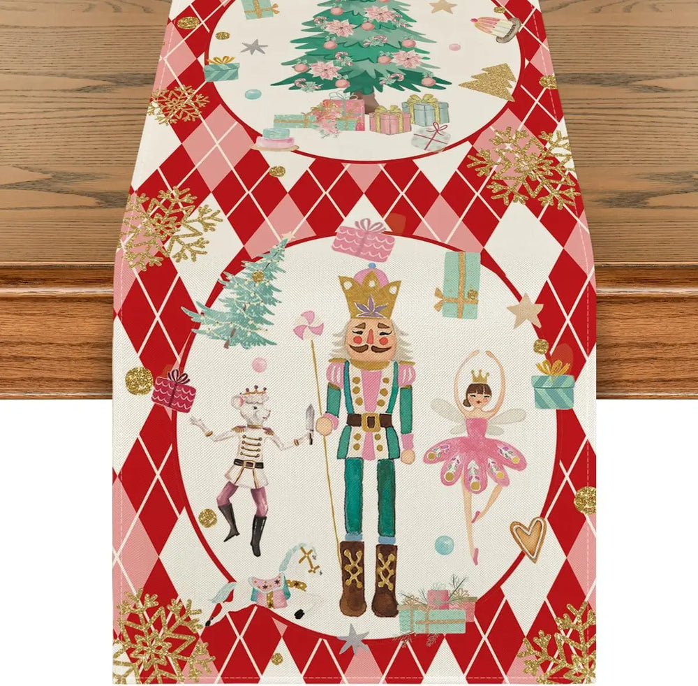 Weihnachtstischläufer aus rosa Karomuster-Leinen, Grösse: 150x33cm