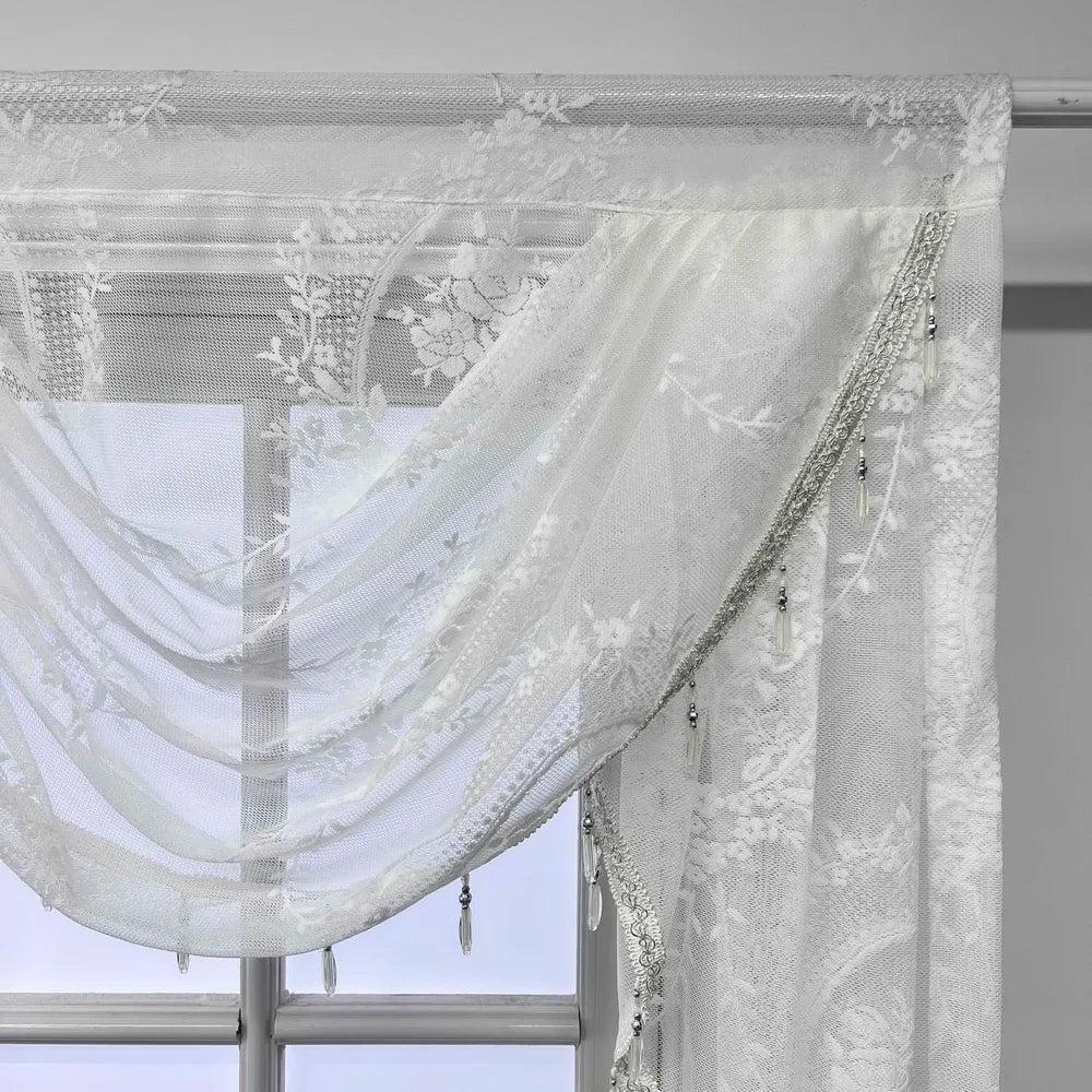Weisse Spitzen-Scheibengardine – Luxuriöses Perlen-Design
