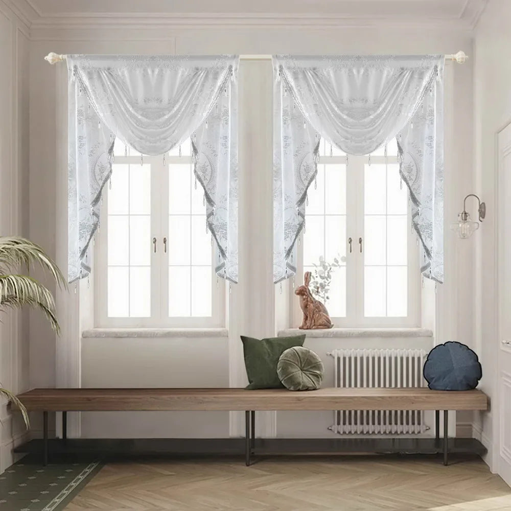 Weisse Spitzen-Scheibengardine – Luxuriöses Perlen-Design