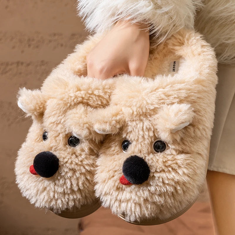 Winter Cartoon-Hundeslippers aus Faux Fell in Hellgrau mit Tierdruck, Grösse 40-41