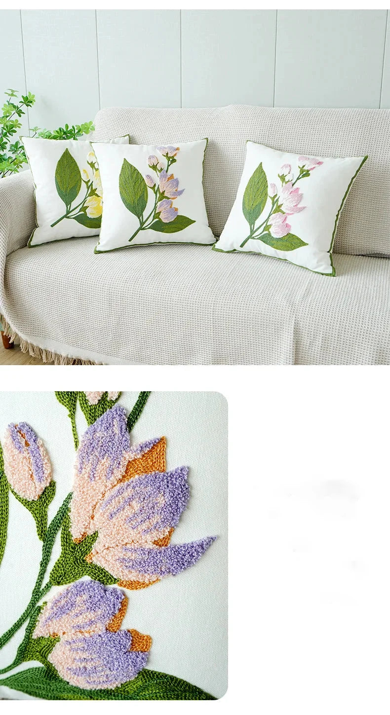 Yulan Blumen Kissenhülle – Bestickte Leinwand – 45x45cm